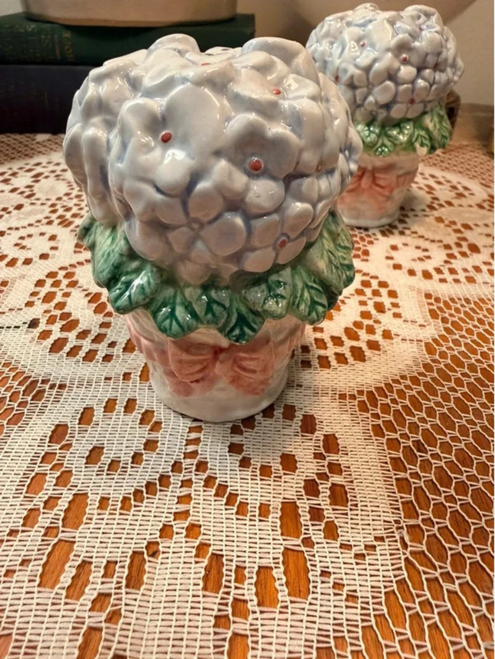 Vintage Blue Hydrangea Condiment Set Salt Pepper Shakers & Covered Jam Jar